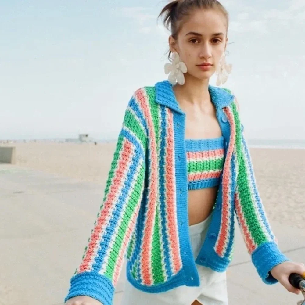 ZARA Bloggers Favorite MATCHING SET Crochet Crop Top & Cardigan Sweater Sz M